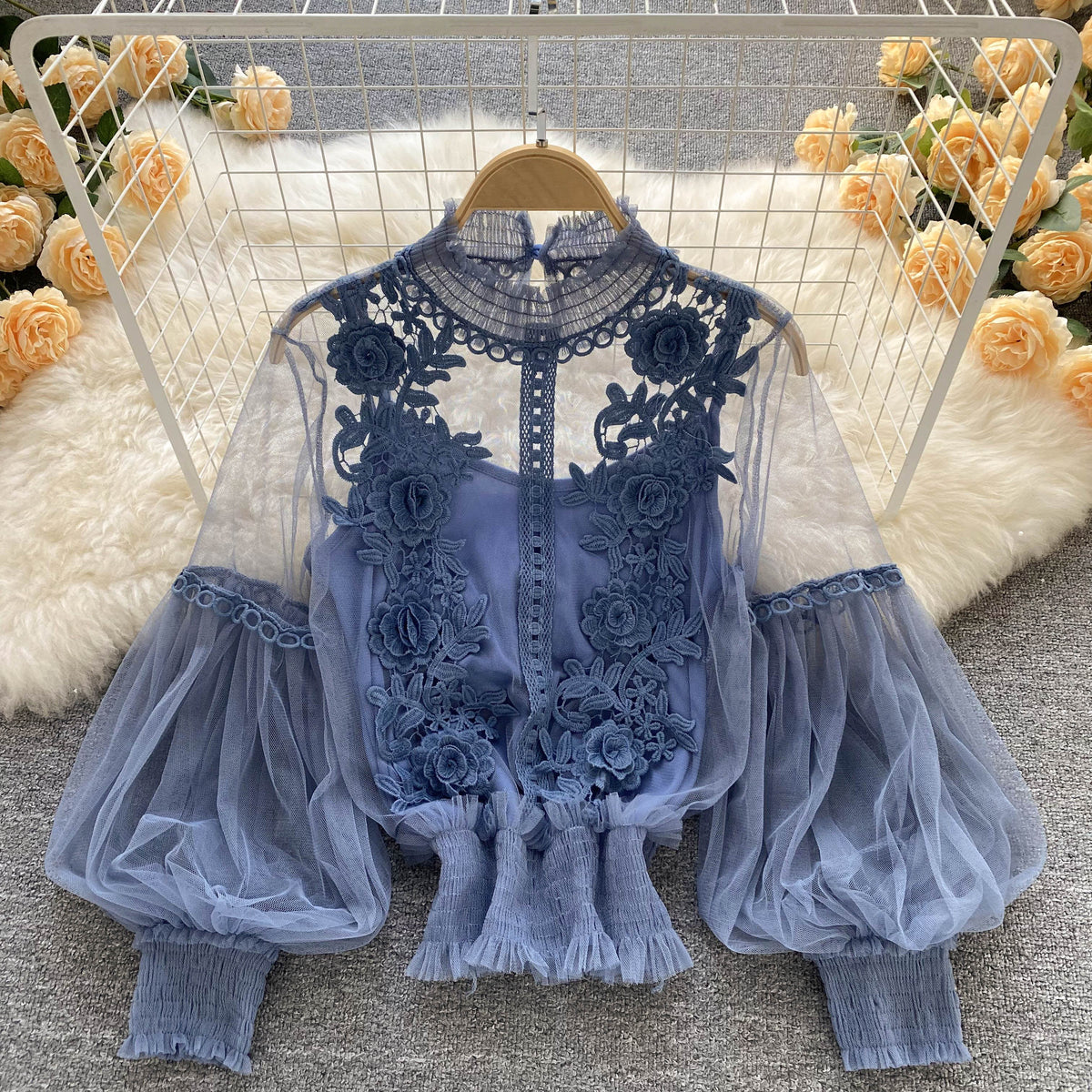 Mesh Lantern Sleeve Lace Embroidered Shirt