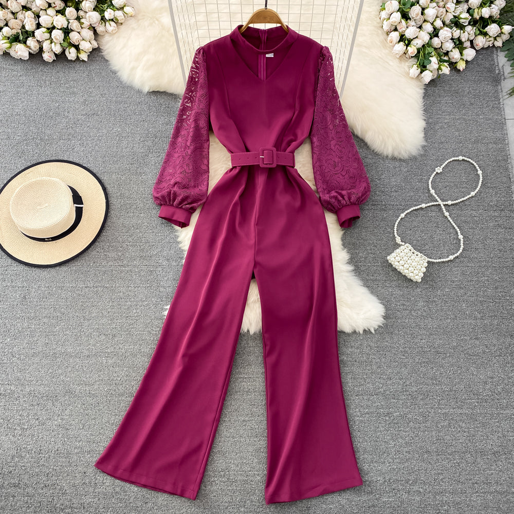Vintage V-neck Lace Patchwork Jumpsuit