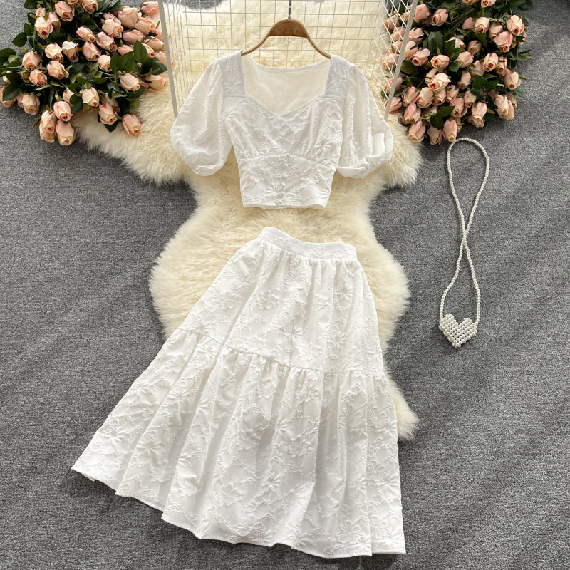 Two-piece Puff Sleeve Short Top And Skirt