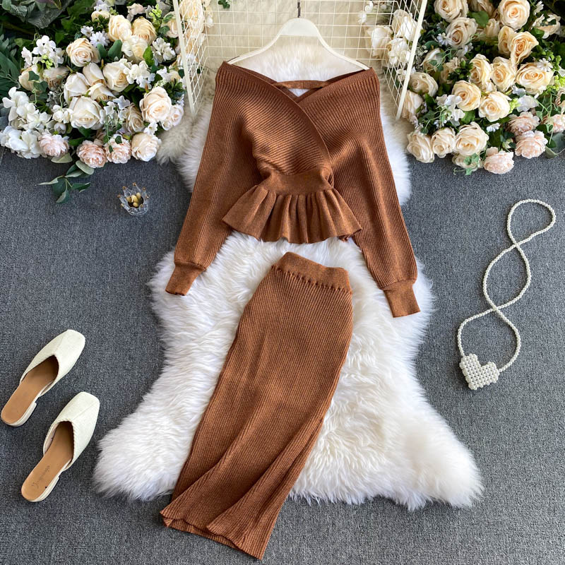 Off-the-shoulder Top&Skirt Knitted 2Pcs