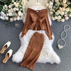 Off-the-shoulder Top&Skirt Knitted 2Pcs