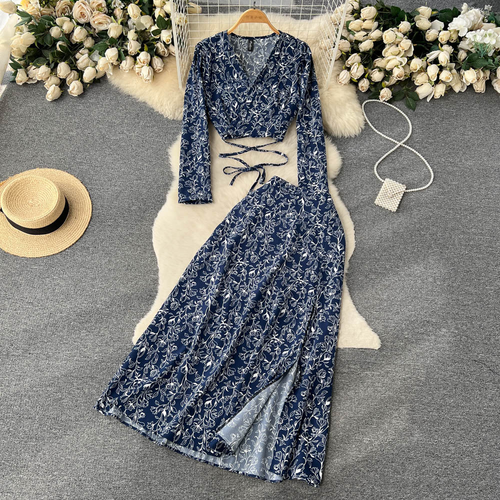 V-neck Top&Split Skirt Floral 2Pcs