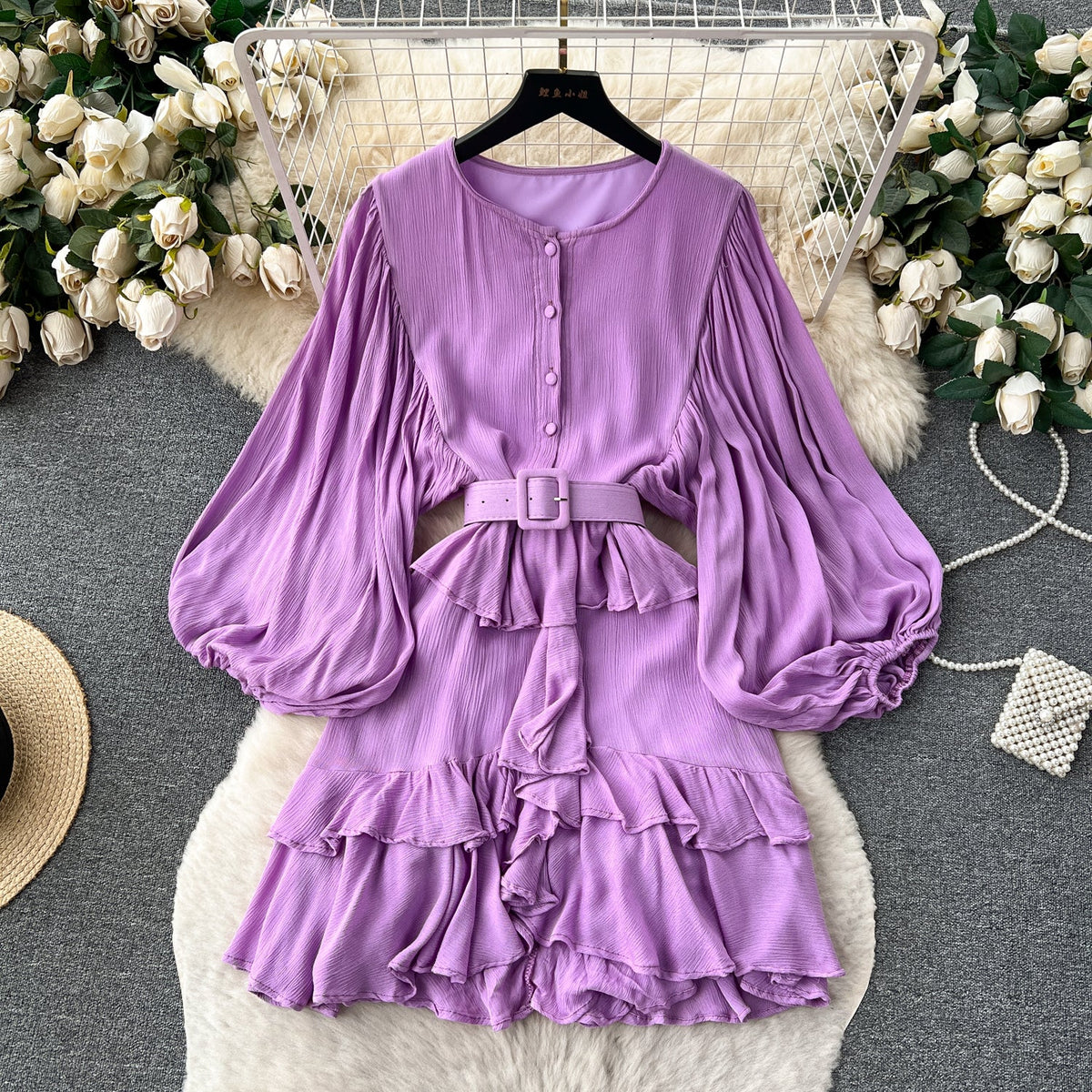Courtly Puffy Sleeve Ruffled Dress