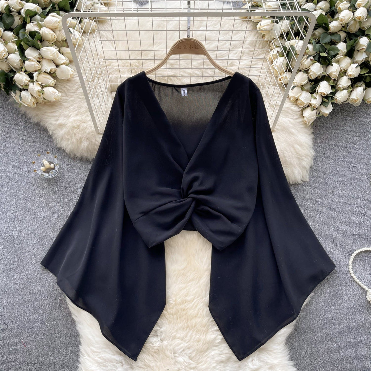 V-Neck Twisted Solid Color Chiffon Top
