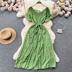 Fairy Pleated Lace-up Floral Dress