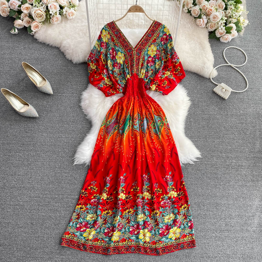 V-neck Batwing Sleeve A-line Maxi Dress