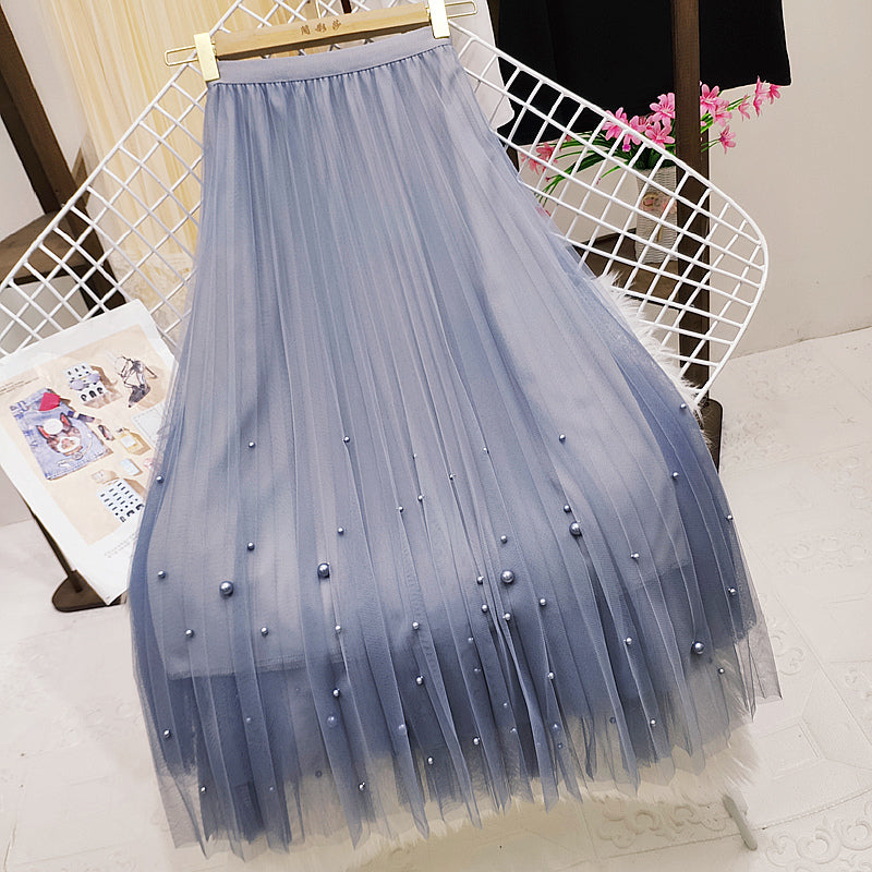 French Retro Beaded Mesh Skirt