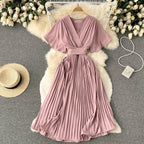 Chiffon Pleated Solid V-Neck Dress