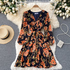 V-neck Waistband Ruffle Dress