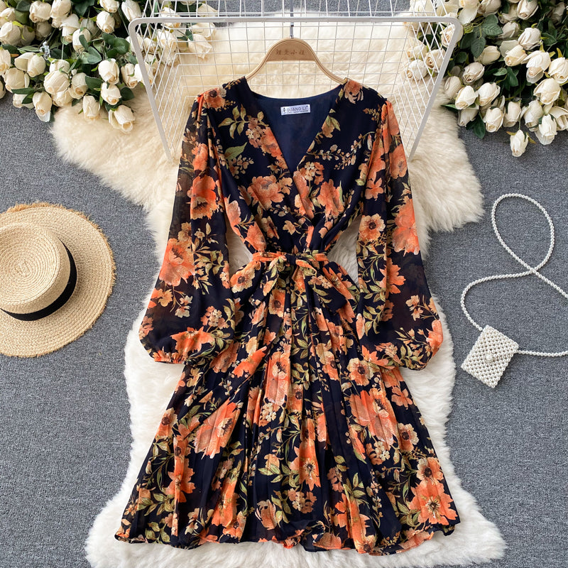 V-neck Waistband Ruffle Dress