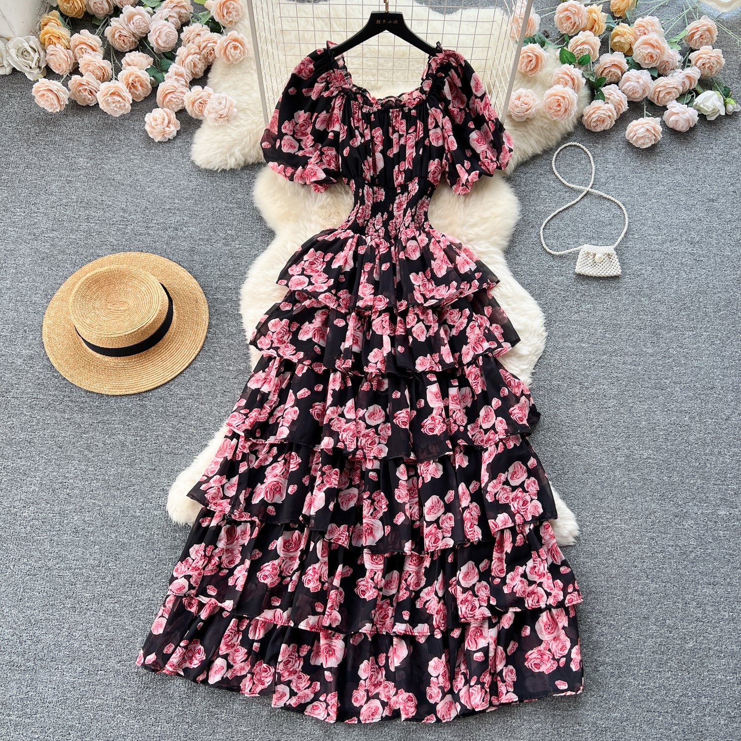 Vintage Puffy Sleeve Floral Cake Dress