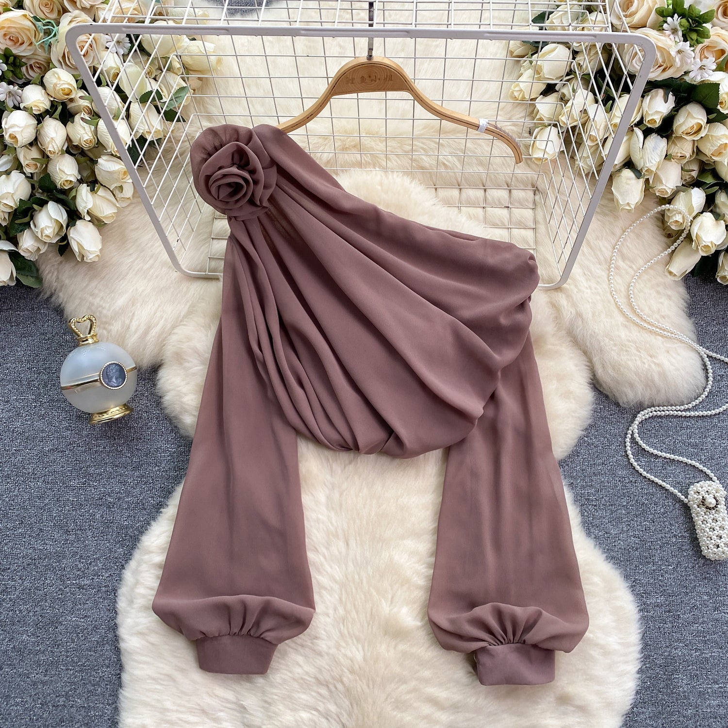 One-shoulder 3d Floral Chiffon Top