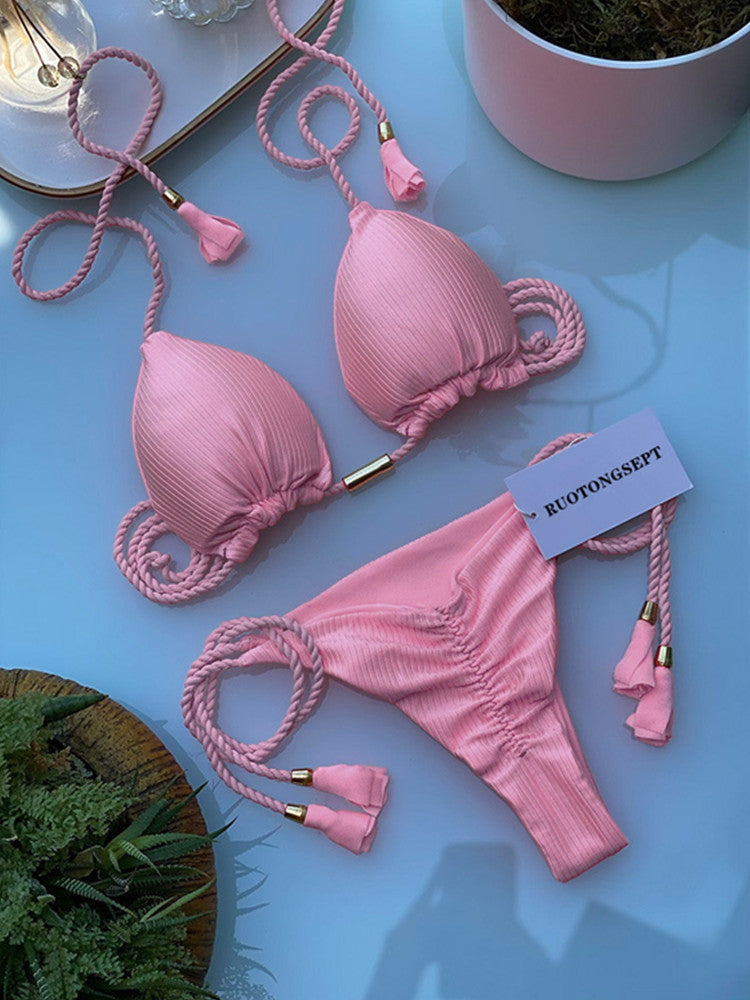 Solid Special Fabric Tassel Bikini