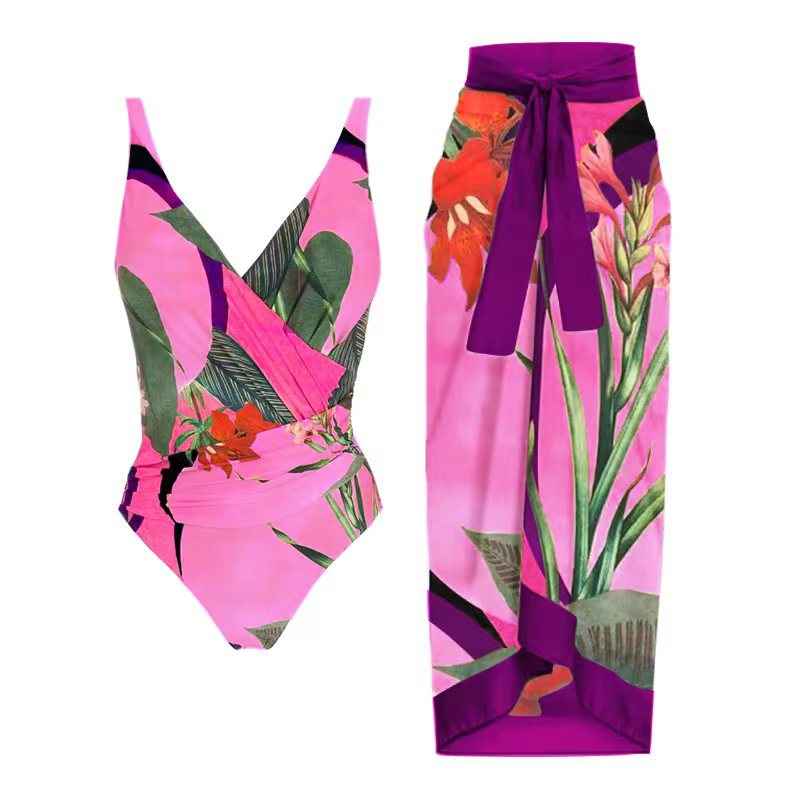 Floral One-piece Swimwear&Lace-up Skirt