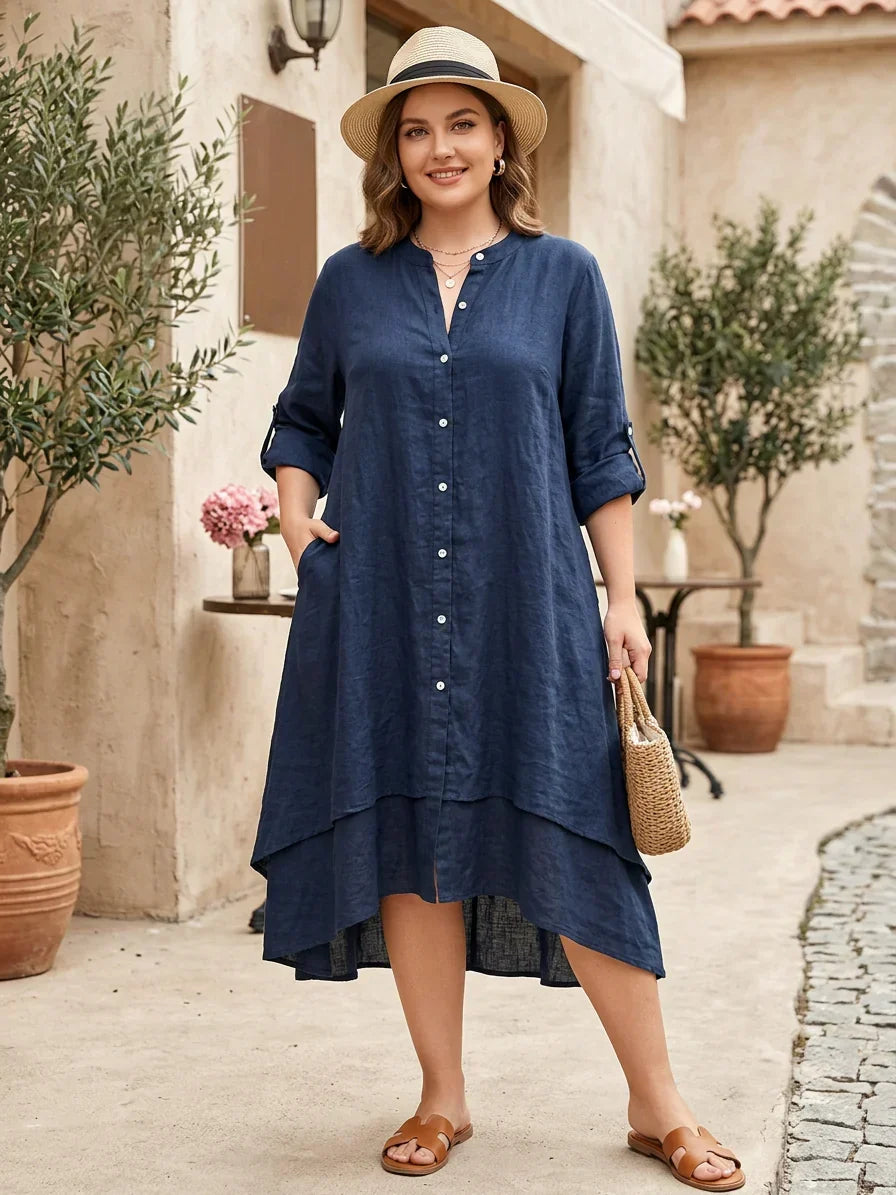 Aisha | Button-Front High-Low Midi Dress — Relaxed A-Line