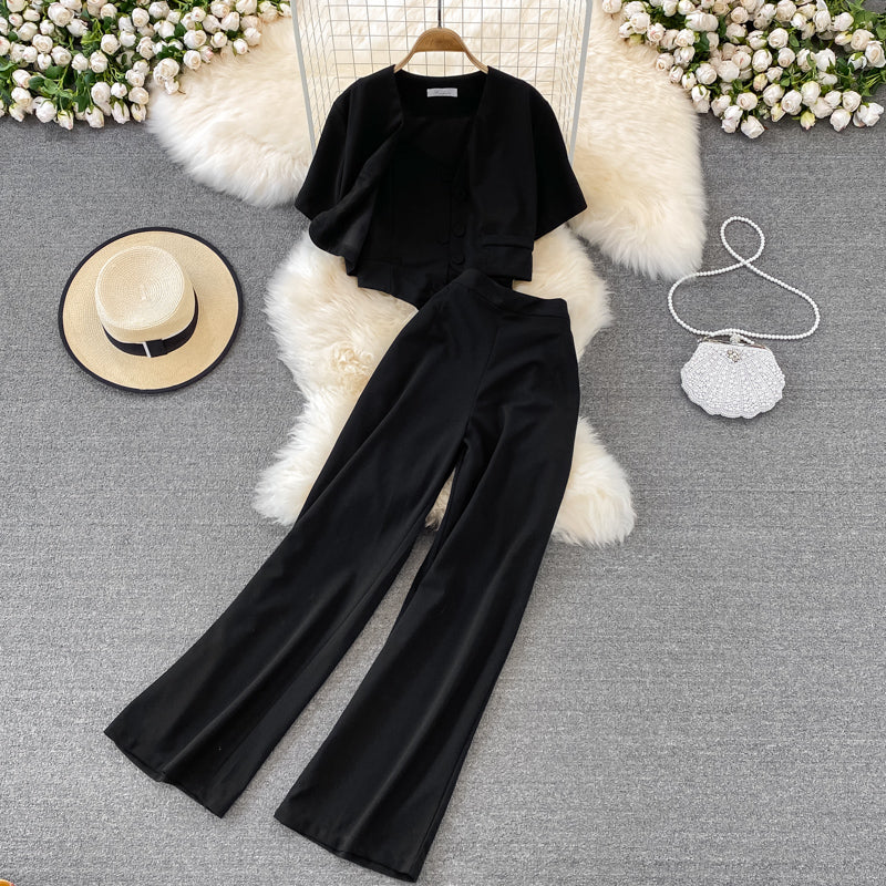 Camisole Short V-Neck Shirt Jacket Long Pants Three Piece