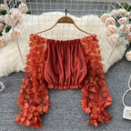 Off-the-shoulder Cropped Mesh Floral Top