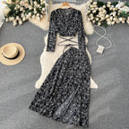 V-neck Top&Split Skirt Floral 2Pcs
