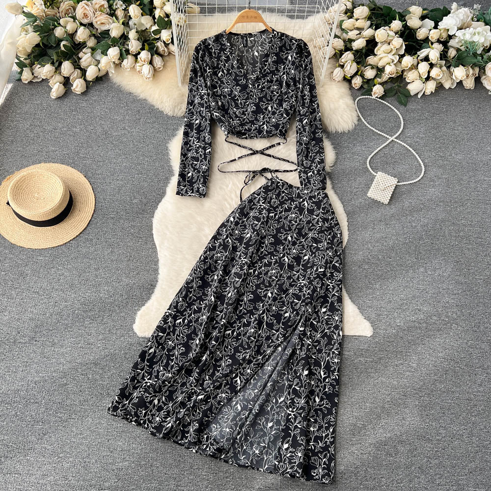 V-neck Top&Split Skirt Floral 2Pcs