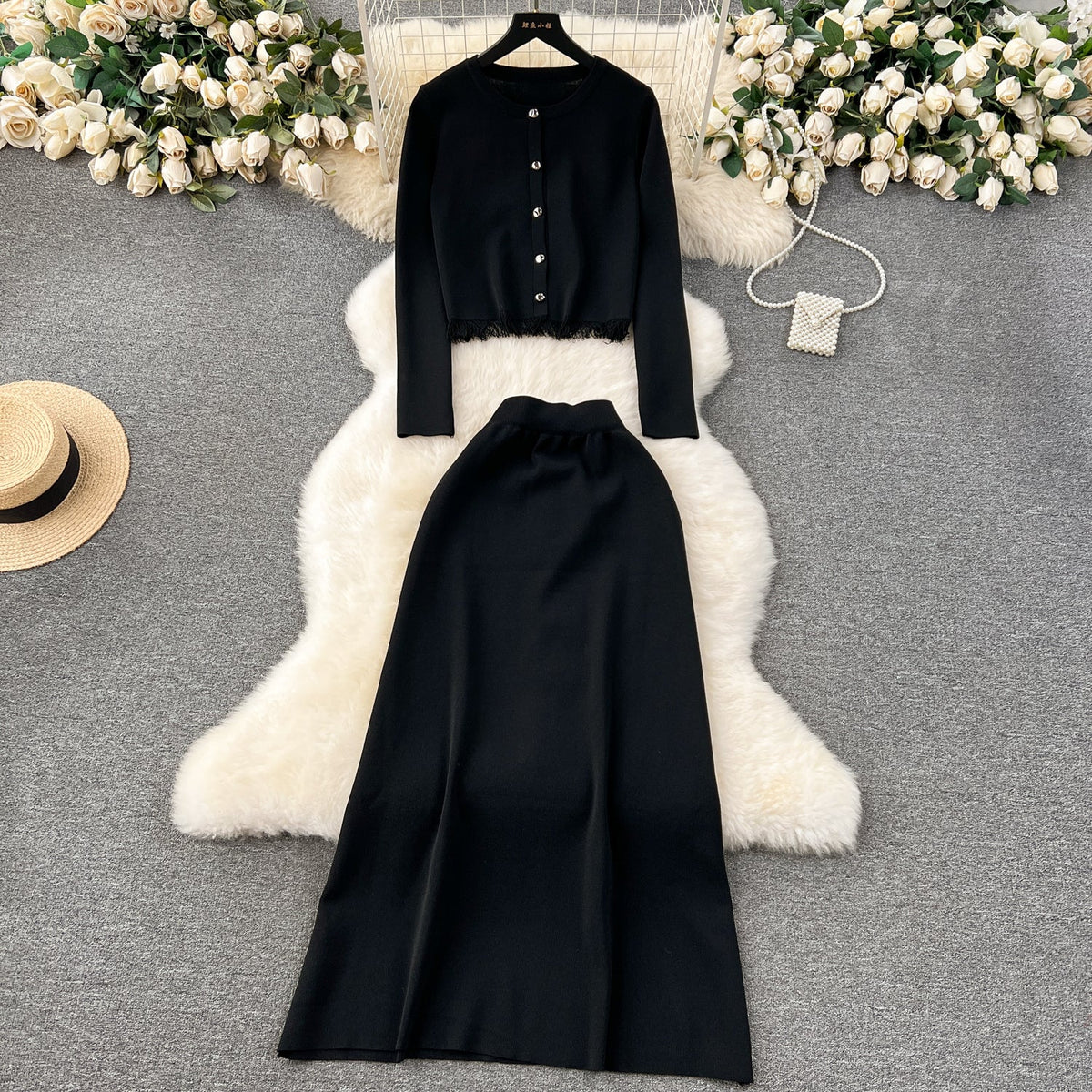Cardigan&Half-body Skirt Fringed Knit 2Pcs