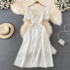 French Style Puff Sleeve Floral Dress