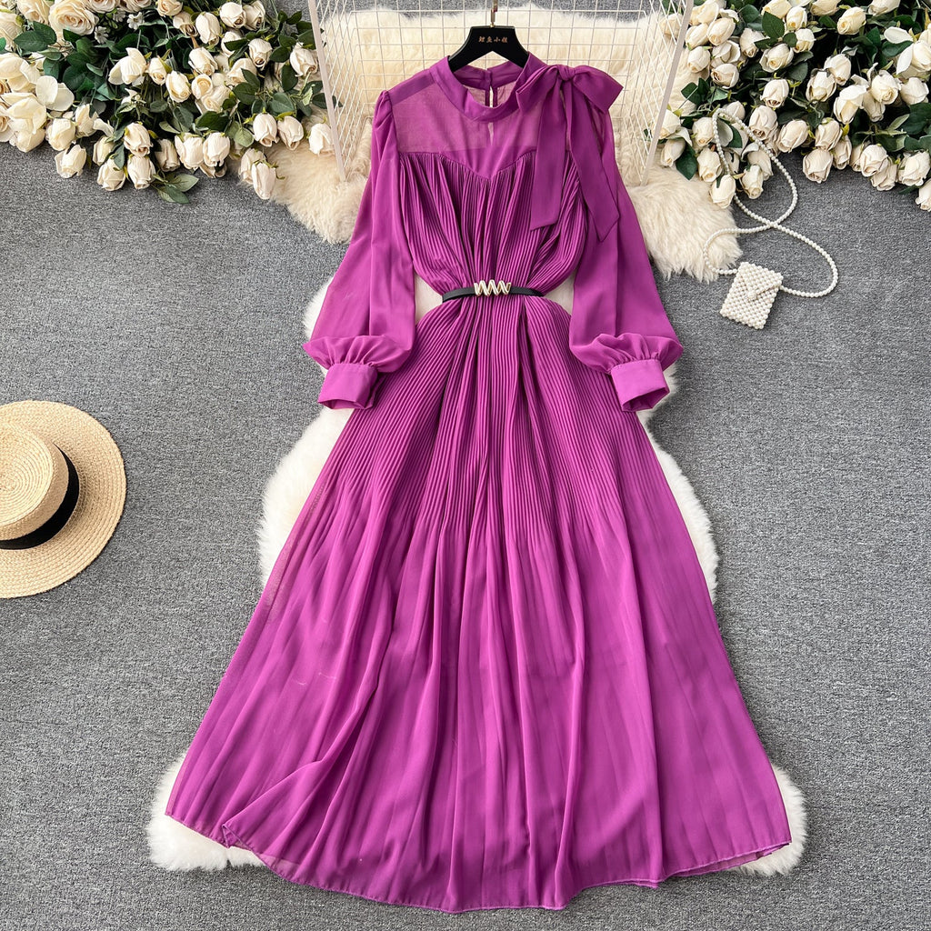 Bow-tie Pleated Chiffon Maxi Dress