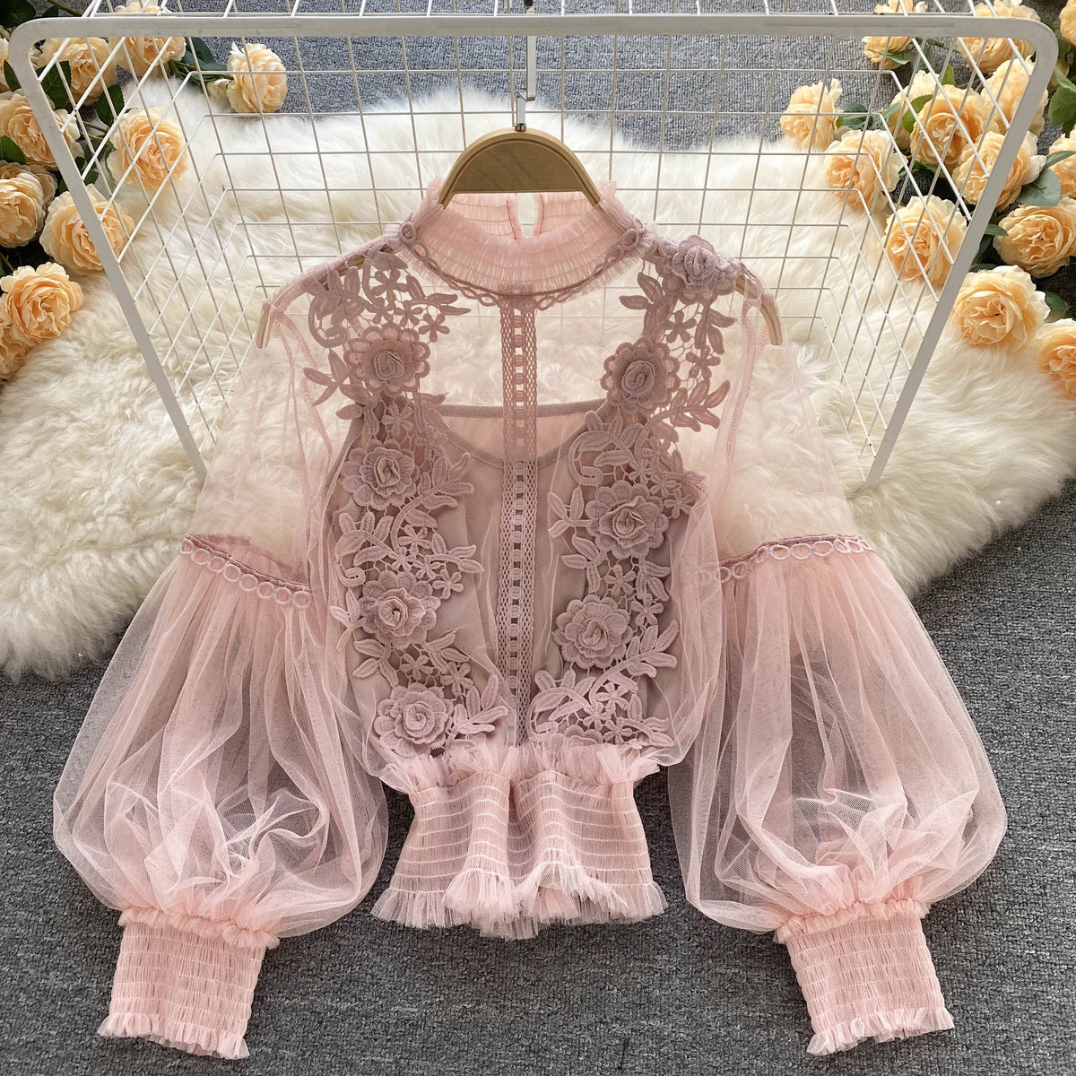 Mesh Lantern Sleeve Lace Embroidered Shirt