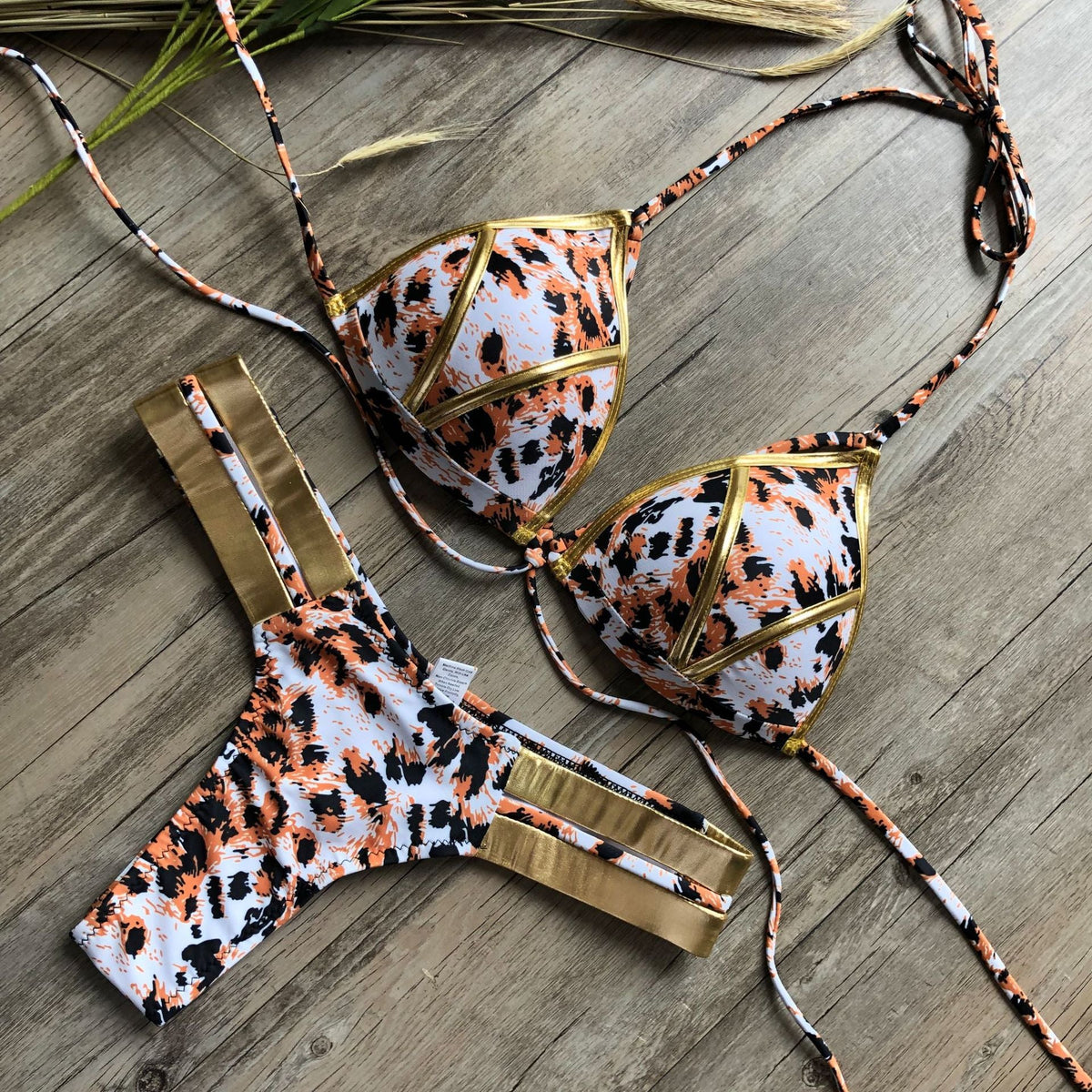 Stamping Patchwork Strappy Bikini