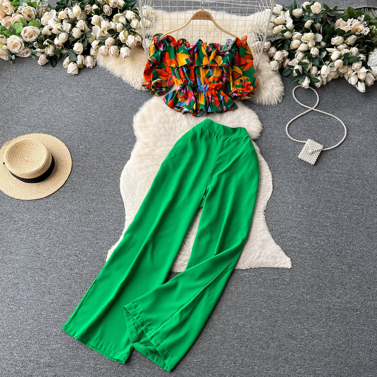 Ruffled Top&Long Trousers Floral 2Pcs