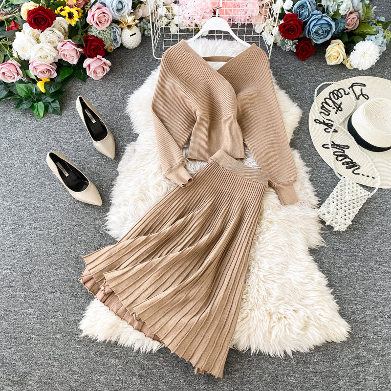 Two-piece Bright Silk Knitted Sweater + Skirt