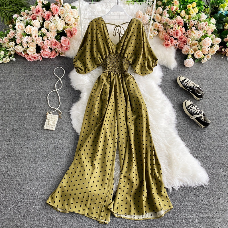 V-neck Bat Sleeve Waist Polka Dot Print Jumpsuit