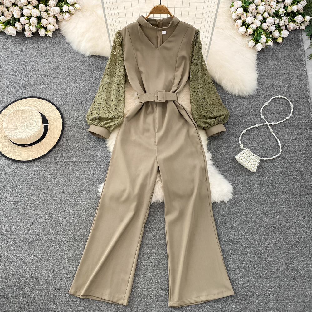 Vintage V-neck Lace Patchwork Jumpsuit