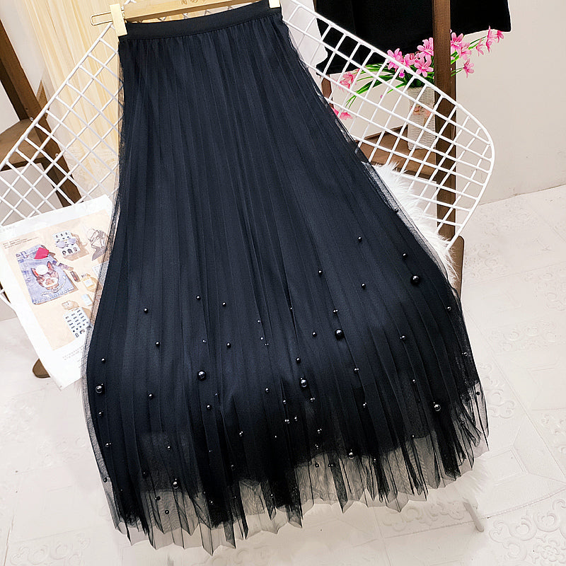 French Retro Beaded Mesh Skirt