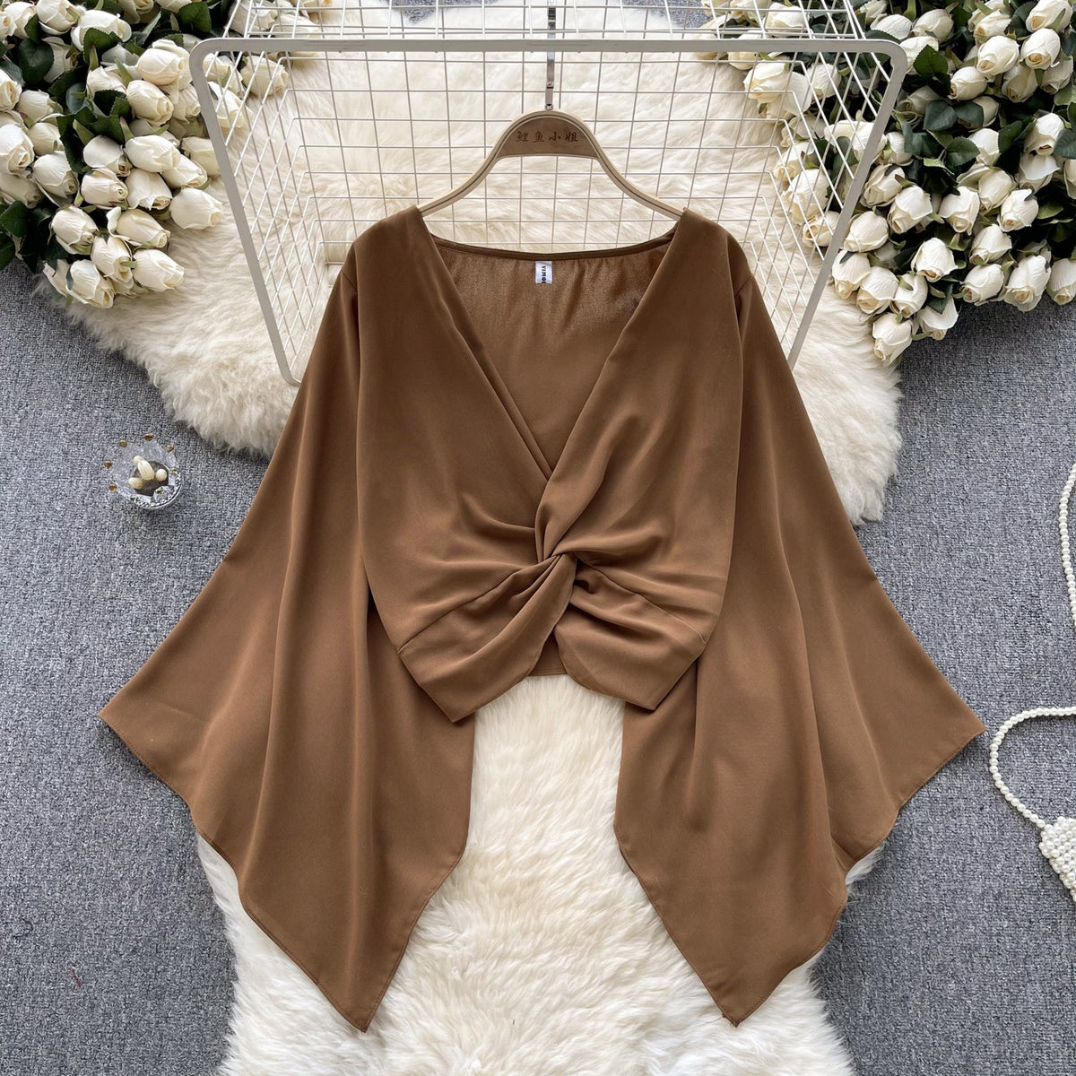 V-Neck Twisted Solid Color Chiffon Top