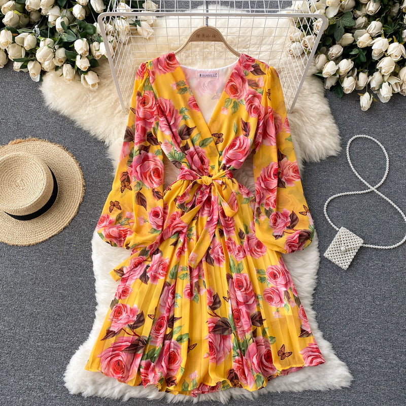 V-neck Waistband Ruffle Dress