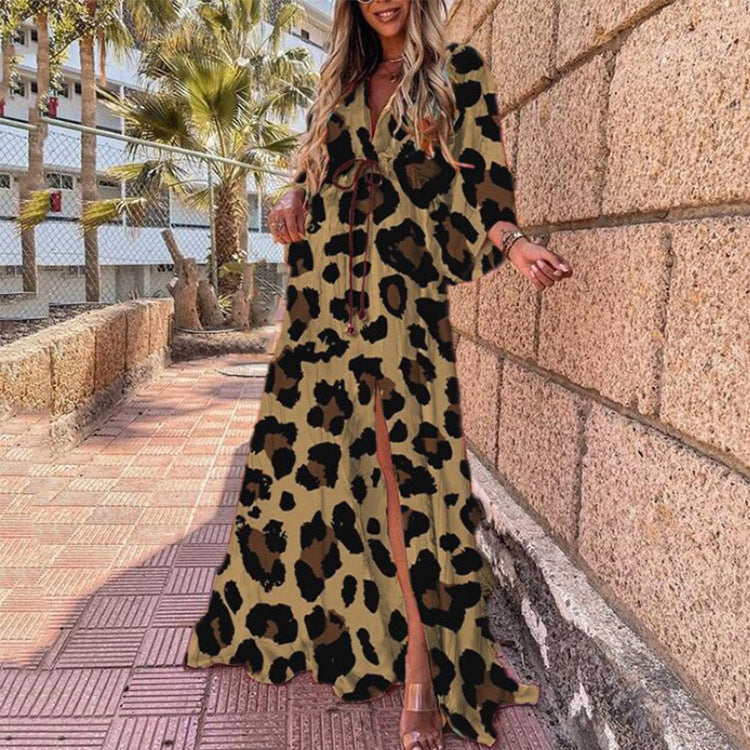 V-neck Printed Lace-up Beach Dress