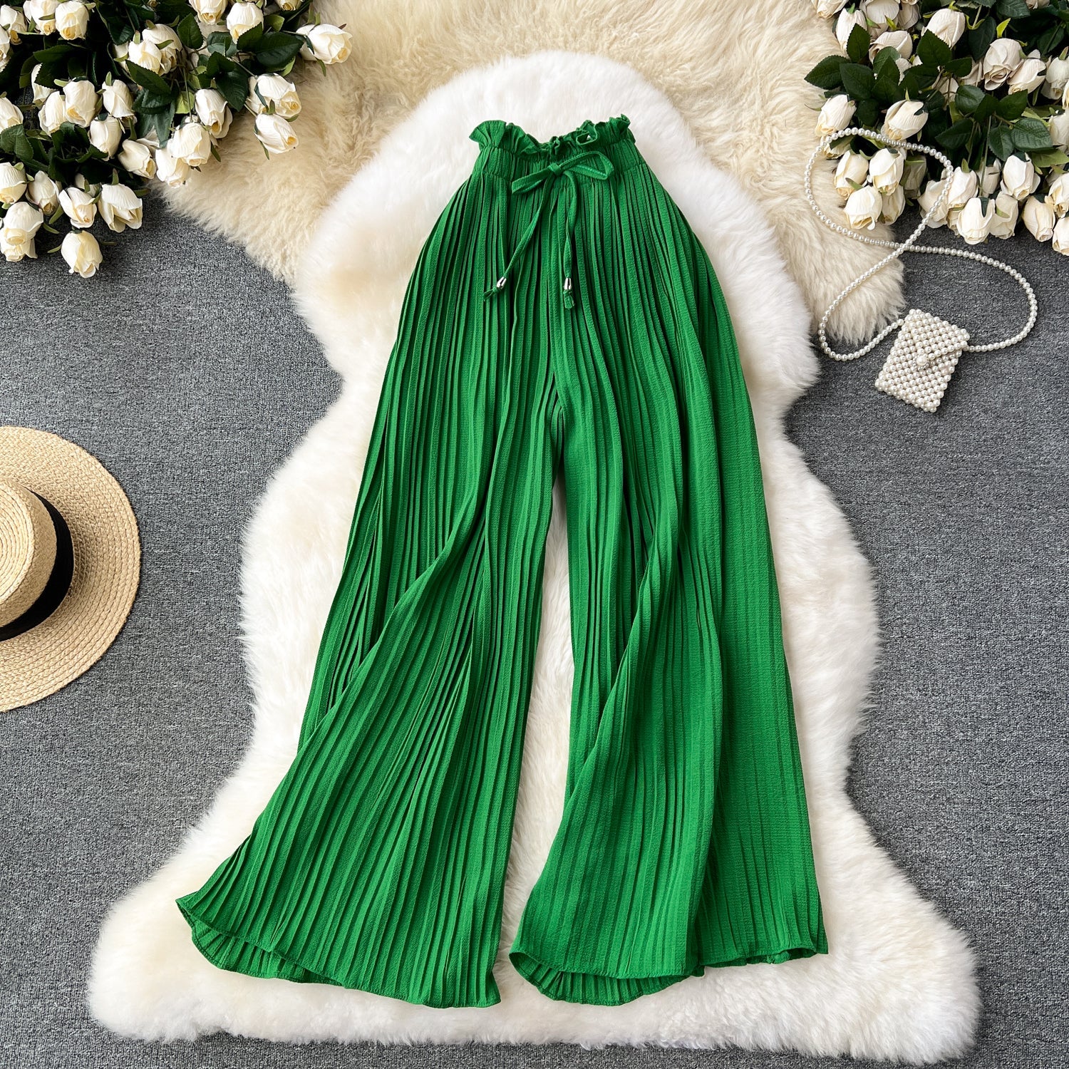 Solid Color Pleated Wide-leg Trousers