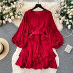 Courtly Puffy Sleeve Ruffled Dress
