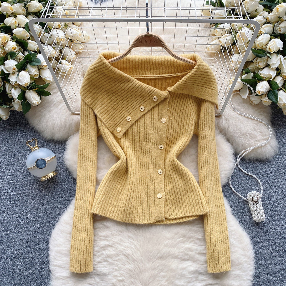 Lapel Collar Solid Color Knitwear