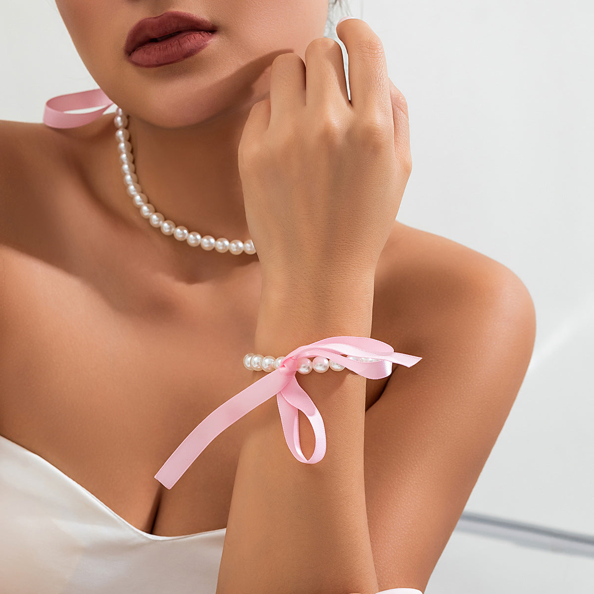 Courtly Velvet Bow Pearl Necklace&Bracelet
