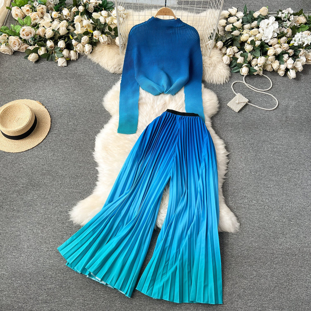 Pleated Knitwear&Wide-leg Trousers Printed 2Pcs