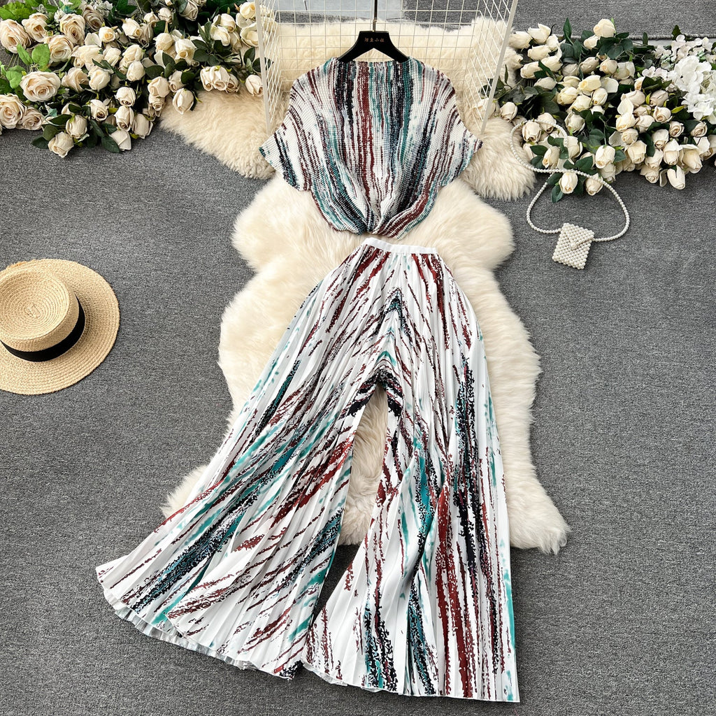 Printed T-Shirt&Pleated Trousers Loose-fit 2Pcs