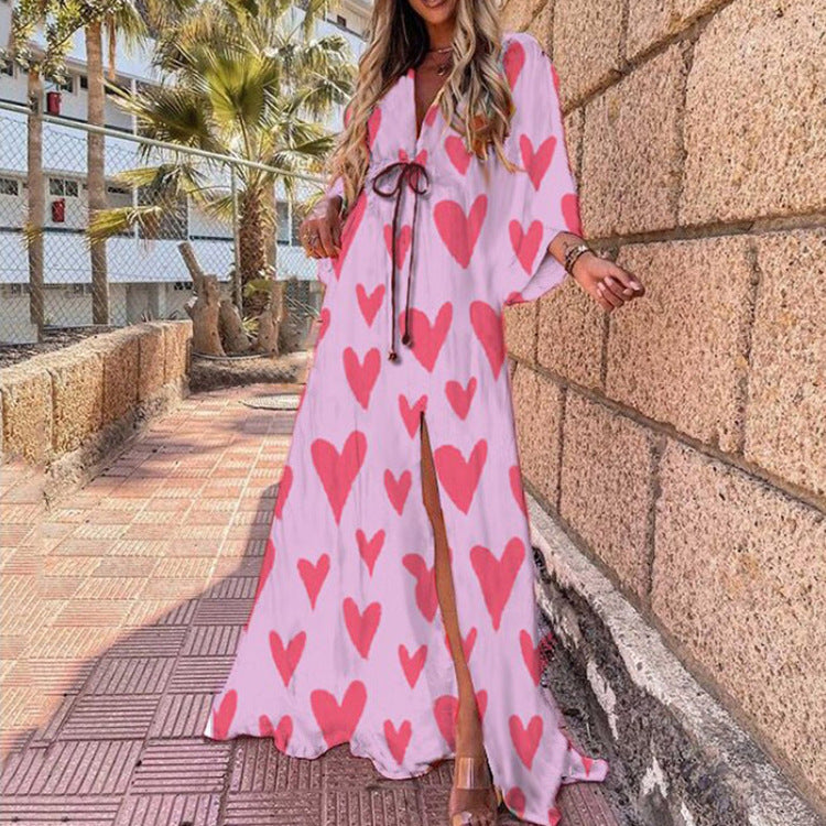 V-neck Printed Lace-up Beach Dress