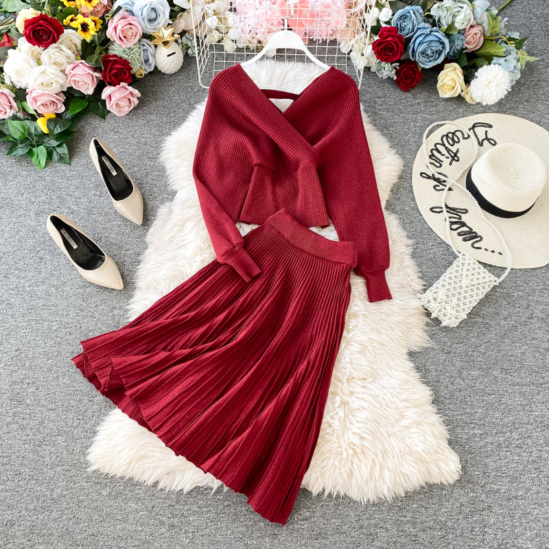 Two-piece Bright Silk Knitted Sweater + Skirt
