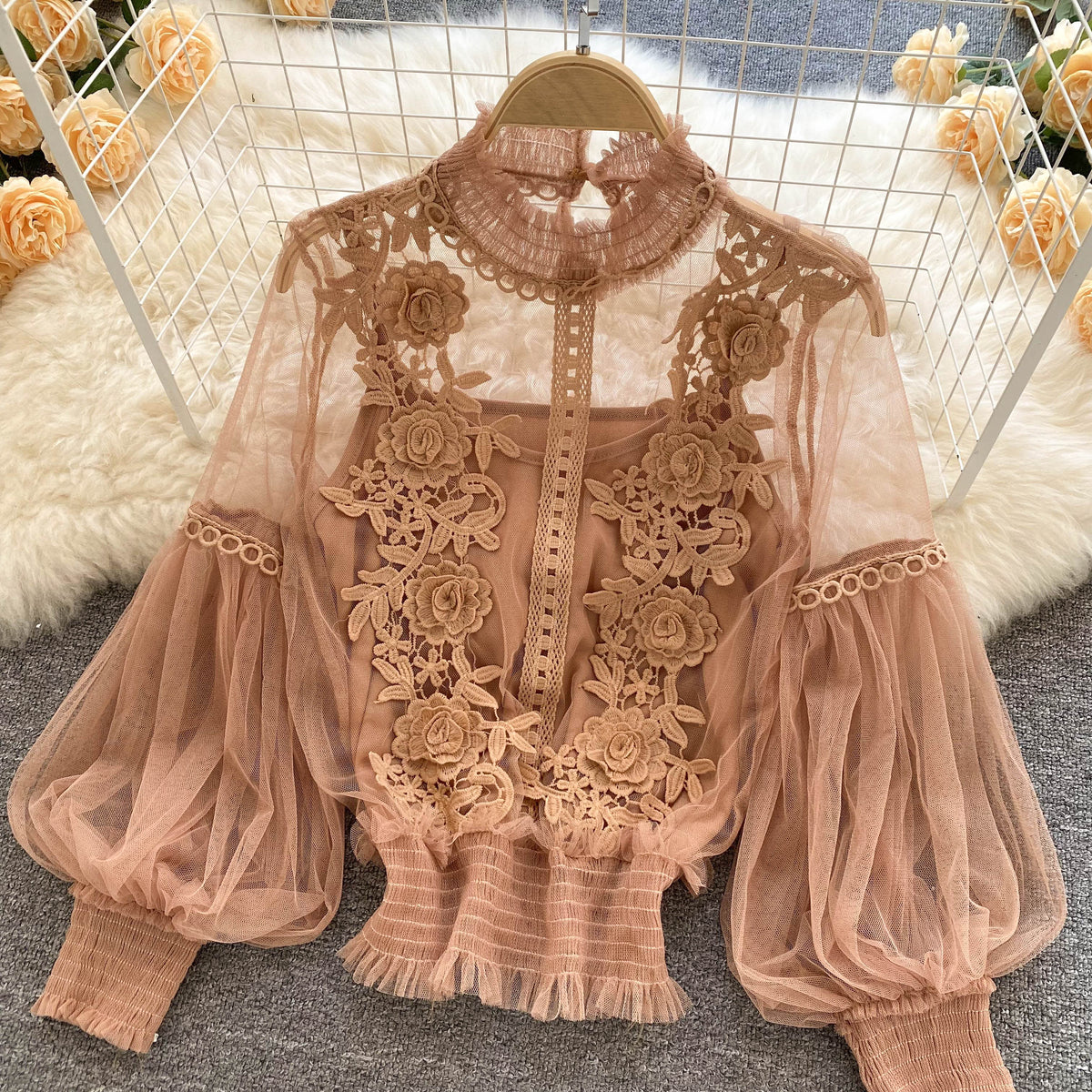 Mesh Lantern Sleeve Lace Embroidered Shirt
