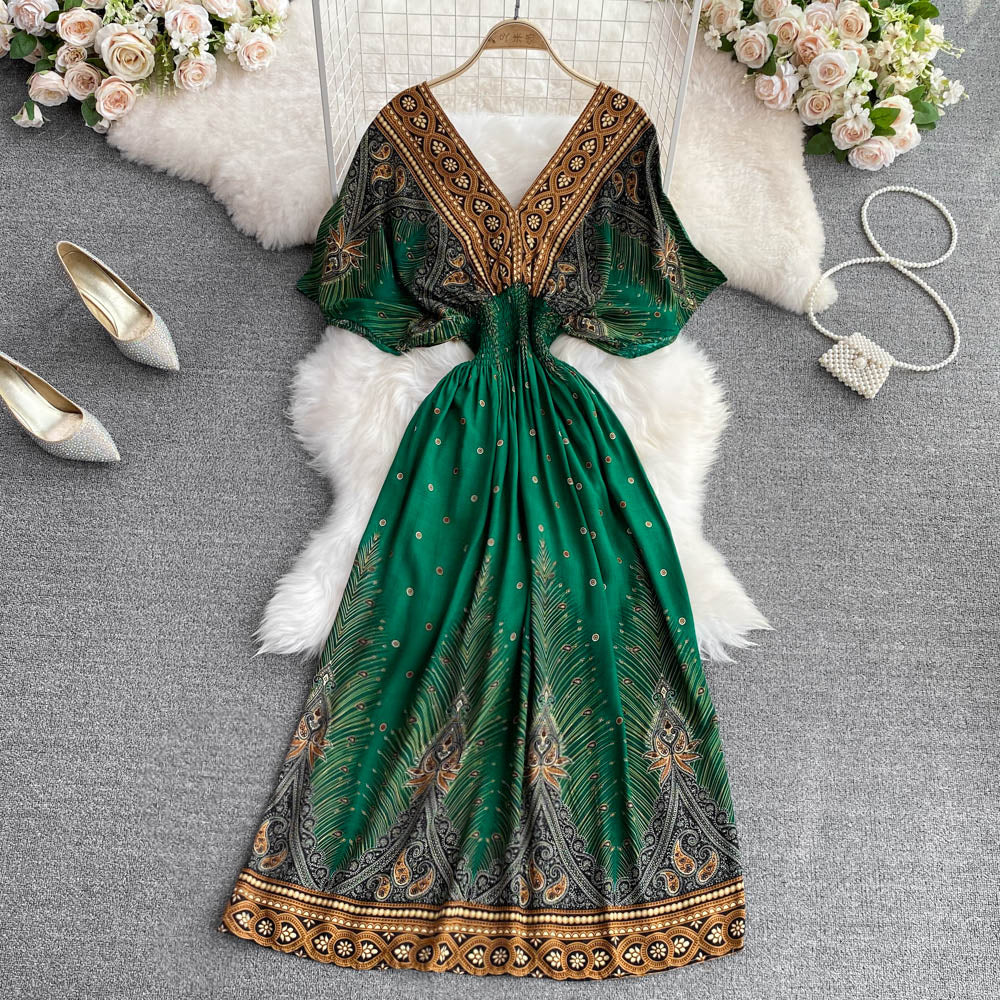 V-neck Batwing Sleeve A-line Maxi Dress