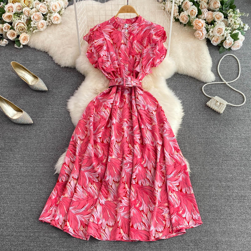 Stand Collar Floral Printed A-line Dress