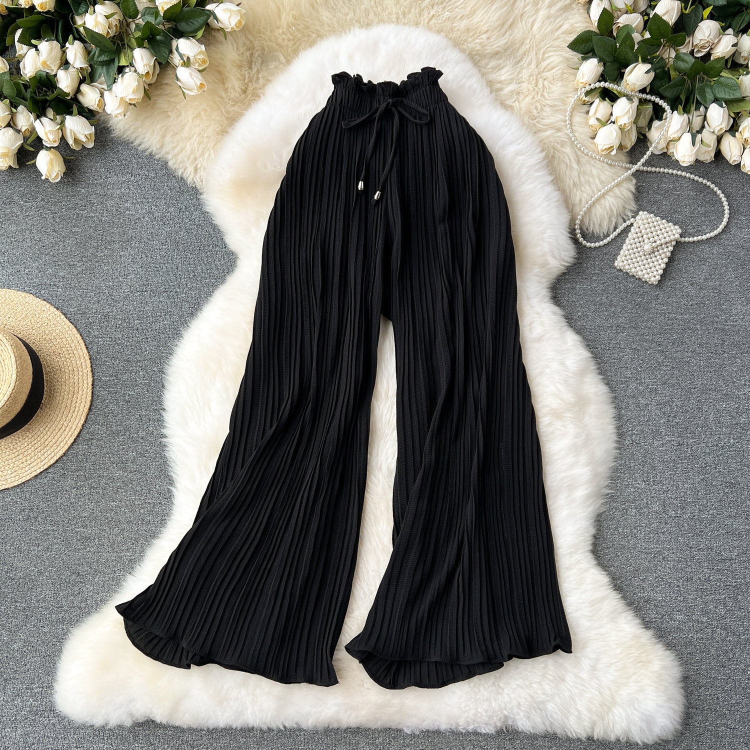 Solid Color Pleated Wide-leg Trousers