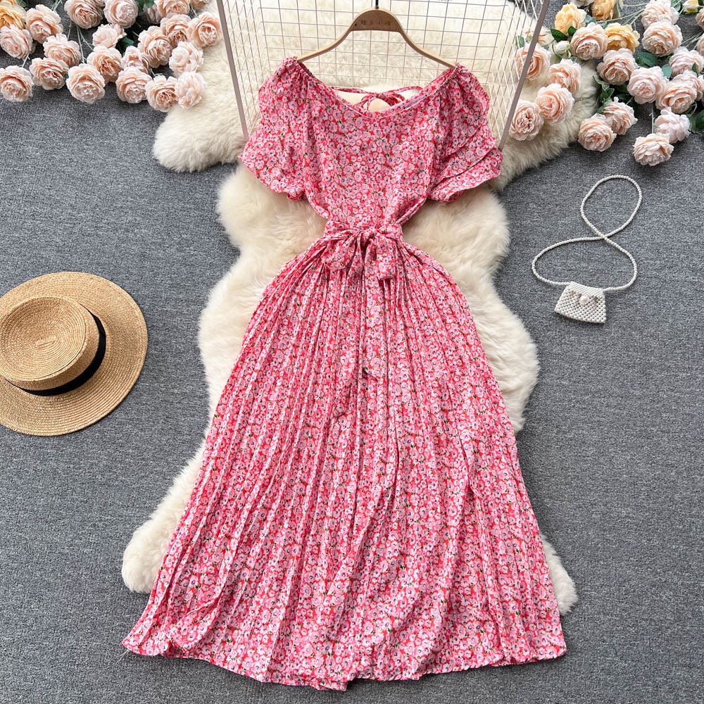 Fairy Pleated Lace-up Floral Dress