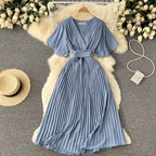 Chiffon Pleated Solid V-Neck Dress